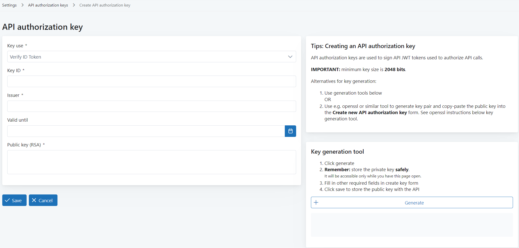 Create an API authorization key