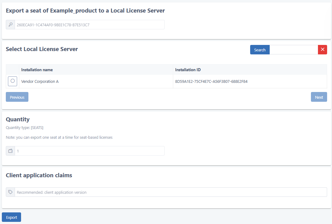 Export a license for offline use in a Local License Server