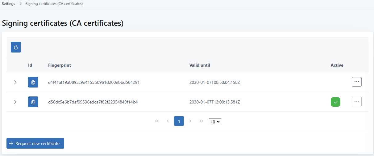 Signing certificates list