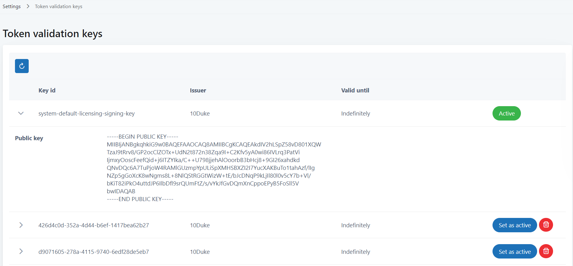 Public key of token validation key pair